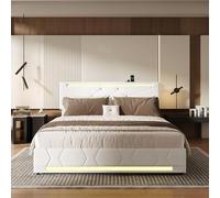 HYTKKBD Lit double rembourré, 140 x 200 cm, lit coffre avec LED RGB et ports USB, récipient hydraulique, lits fonctionnels, sommier à lattes, sans matelas, lin beige