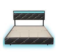 HYTKKBD Lit double rembourré 160 x 200 cm, structure de lit flottant double avec éclairage LED, sommier à lattes en bois et métal, sans matelas, PU noir