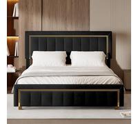 HYTKKBD Lit rembourré 160 x 200 cm, lit double avec conteneur, double tête de lit à rayures avec sommier à lattes en bois et métal, sans matelas, flanelle noire