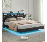 HYTKKBD Lit rembourré, 160 x 200 cm, lit double flottant, tête de lit réglable avec éclairage LED et chargement USB, sommier à lattes, sans matelas, PU noir