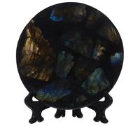 HYTROVE Disque Labradorite Naturelle Ronde avec Support Noir, Ornement Décoratif Compact et Élégant pour Bureau ou Salon, Œuvre d'art en Pierre Unique