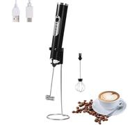 HYTTER Draagbare elektrische melkopschuimer met 2 koppen, schuimmixer met USB oplaadbaar 3 snelheden, schuimmixer voor latte, cappuccino, warme chocolademelk, ei (zwart met houder)