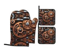 HYTTER Ensemble de gants de cuisine et maniques à engrenages mécaniques steampunk pour cuisine - Isolés, épais, durables et anti-brûlure