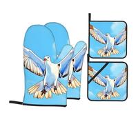 HYTTER Ensemble de gants de cuisine et maniques mouettes en vol pour la cuisine - isolés, épais, durables et anti-brûlure