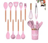 HYTTER Lot de 12 ustensiles de cuisine en silicone avec poignée en bois, résistants à la chaleur, antiadhésifs, spatule, cuillère, passe au lave-vaisselle, meilleurs outils de cuisine (Couleur rose)
