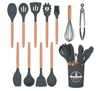 HYTTER Lot de 12 ustensiles de cuisine en silicone avec poignée en bois, résistants à la chaleur, antiadhésifs, spatule, cuillère, passe au lave-vaisselle, meilleurs outils de cuisine (Gris)