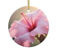 HYTTER Pendentif rond en céramique avec impression florale nationale coréenne - 7,4 cm équipé d'un câble métallique doré durable pour l'accrocher facilement aux arbres de Noël