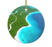 HYTTER Pendentif rond en céramique avec impression île dans l'océan - 7,4 cm équipé d'un câble métallique doré durable pour l'accrocher facilement aux arbres de Noël