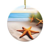 HYTTER Pendentif rond en céramique imprimé plage étoiles de mer terres de Noël - 7,4 cm équipé d'un câble métallique doré durable pour l'accrocher facilement aux arbres de Noël