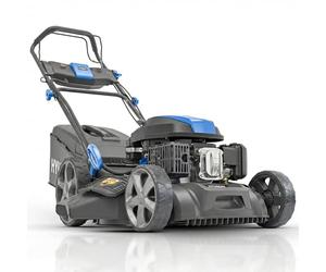 Hyundai Tondeuse à Gazon Thermique 56 cm autotractée avec démarrage électrique, Moteur 4-Temps 196 CC, Mulching et éjection, bac 70 L, 8 hauteurs de Coupe - Edition Noire