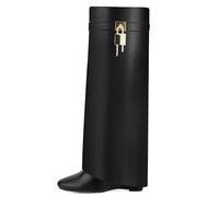 HYYH CFPL Fold Over Knee High Boots for Women Pointy Pull-on Wedge Heel Knee Shark Boot With Side Zipper Covered Wedge Heel Padlock Boot (Black 8)