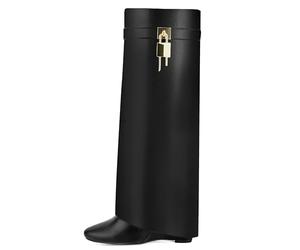 HYYH CFPL Fold Over Knee High Boots for Women Pointy Pull-on Wedge Heel Knee Shark Boot With Side Zipper Covered Wedge Heel Padlock Boot (Black 8)