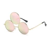 HYYZZC Lunettes de soleil rondes vintage pour femmes et hommes, trois verres, style hip-hop, punk, monture en métal effet miroir, protection UV400, coloris or et rose miroir, taille unique.