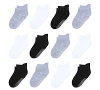 HYzgb Chaussettes pour tout-petits avec poignées antidérapantes 3 4 5 ans 12 paires de chaussettes en coton pour tout-petits garçons filles cadeau d'anniversaire pour bébé noir/blanc/gris