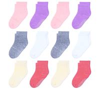 HYzgb Chaussettes pour tout-petits filles 1 an 2 3 ans avec poignées antidérapantes 12 paires de chaussettes filles 12-24 mois Chaussettes en coton pour bébés enfants Blanc/gris/violet/rose/jaune