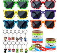 HYZMSZA Jeux vidéo Cadeau Anniversaire Enfants, 30PCS Miner Cadeaux Fêtes à Thème Kit Jeux ave Lunettes Pixel Mosaic Porte-clés Bracelet, Jeu Vidéo Cadeau d'anniversaire pour Enfants