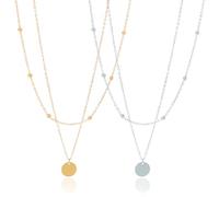 HZAOPZE 2 pcs Collier Simple chaîne superposée pour Femme chaîne plaquée Or Collier Double Multicouche avec Pendentif Rond pièce de Monnaie, Or et Argent