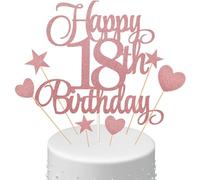HZAOPZE 7 pcs DéCorations de GâTeau Anniversaire 18 Ans Glitter Happy 18th Birthday Cake Toppers, Rose Gold, pour Filles Carte gâteau d'amour étoile, décoration gâteau enfichable Joyeux Anniversaire