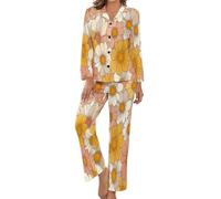 HZCRAES Ensemble De Pyjama pour Femme - Grande Taille - Chemise Boutonnée - Haut Affiche Daisy des Années 70 - Taille Élastique - Pantalon - Ensemble De Détente D'Été - Vêtements D'Intérieur