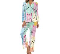 HZCRAES Ensemble Pyjama Deux Pièces À Manches Longues pour Femme - Look Chats Drôles Et Mignons, Vêtements De Nuit D'Été D'Intérieur Respirants Et Confortables pour Grande Taille
