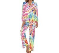 HZCRAES Ensemble Pyjama Deux Pièces À Manches Longues pour Femme - Look Feux d'artifice À Rayures Aquarelles, Vêtements De Nuit D'Été D'Intérieur Respirants Et Confortables pour Grande Taille