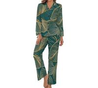 HZCRAES Feuilles Luxueuses Rayées en Feuille d'or Ensemble De Pyjama Femme Fille Manches Longues Chemise Et Pantalon Long 2 Pièces Doux Vêtements De Nuit Grande Taille Idéal pour Printemps Et Été