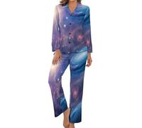 HZCRAES Pyjama Femme Ensembles Deux Pièces Pjs Mi Saison D'Intérieur Grande Taille Chic Set Pyjamas Manches Longues Boutonne Haut Pantalon Univers De La Nébuleuse du Rêve Vetement De Nuit