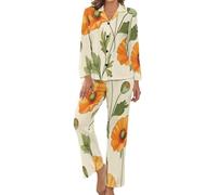 HZCRAES Pyjama pour Femme, Ensemble De Pyjama De Revers en Imprimé Coquelicots De La Ville Rétro Vêtement De Nuit Ouvert Devant Manches Longues De Boutons Vêtement D'Intérieur Deux Pièces