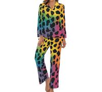 HZCRAES Pyjama pour Femme, Ensemble De Pyjama De Revers en Imprimé Imprimé Léopard Arc-en-Ciel Dégradé Vêtement De Nuit Ouvert Devant Manches Longues De Boutons Vêtement D'Intérieur Deux Pièces