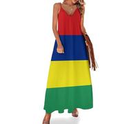 HZCRAES Robe Bretelles Spaghetti Femme Été Drapeau De L'Île Maurice Robes D'Été Col V sans Manches A-Line Maxi Robe Taille Élastiquée Rayures Colorées Robes De Plage Boheme Décontracté, Rouge