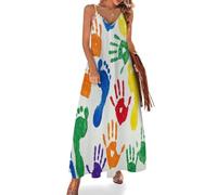 HZCRAES Robe Femme Empreintes Mains Amusantes D'Été Chic sans Manches Décontracté Grande Taille Longue Robes Graffitis Colorés Femme Boheme Col en V De Robe De Plage Longue À Fines Bretelles Blanc