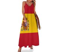 HZCRAES Robe Longue Femme Boho Drapeau Espagnol, Col V sans Manches Bretelles Spaghetti, Robe Maxi Imprimée Insigne National pour Plage Vacances, Coupe Ample Fluide Grande Taille, Rouge