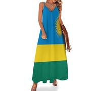 HZCRAES Robe Longue Femme Boho Drapeau Rwandais, Col V sans Manches Bretelles Spaghetti, Robe Maxi Imprimée Soleil De Bohême pour Plage Vacances, Coupe Ample Fluide Grande Taille, Bleu