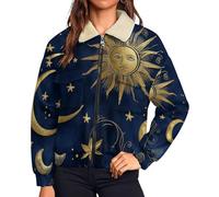HZCRAES Veste Polaire Pour Femme Chaude Confortable, Veste D'Hiver Fonctionnelle Soleil Mystique Lune, Manteau Zippée En Peluche Ample Chaude, Vêtements À Imprimé Art Du Tarot, Indigo