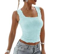 HzDazrl Débardeur court à col carré pour femme en jacquard floral bretelles larges dos nu sans manches coupe ajustée, bleu, S