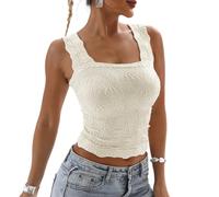 HzDazrl Débardeur court à col carré pour femme en jacquard floral bretelles larges dos nu sans manches coupe ajustée, blanc, L