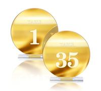 HZGUEOSTB Numéros de table de mariage en acrylique 1-35 avec supports, signes de numéro de table ronds en miroir doré de 12,1 cm et supports pour réception de mariage, fête, événement, décoration de