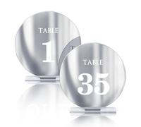 HZGUEOSTB Numéros de table de mariage en acrylique 1-35 avec supports, signes de numéros de table argentés ronds de 12,1 cm et supports pour réception de mariage, fête, événement, décoration de centre