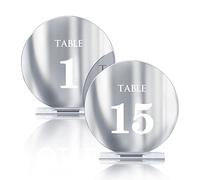 HZGUEOSTB Numéros de table de mariage en acrylique de 1 à 15 avec supports, 12 cm, miroir rond doré, pour réception de mariage, fête, événement, décoration de centre de table (argent, 1 à 15)