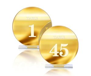 HZGUEOSTB Numéros de table de mariage en acrylique de 1 à 15 avec supports, 12 cm, miroir rond doré, pour réception de mariage, fête, événement, décoration de centre de table (doré, 1 à 45)