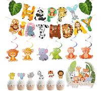 HZHSGLY Lot de 32 décorations de fête sur le thème de la jungle, décorations de fête safari, décorations de gâteaux en forme d'animaux, bannière d'anniversaire sauvage pour garçon et fille