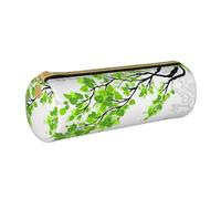 HZHUAOEG Trousse à crayons ronde en cuir avec hiéroglyphe égyptien antique pour étudiants, filles, garçons, trousse à crayons simple et durable, Feuille verte et blanche, Taille unique, Cartable