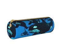 HZHUAOEG Trousse ronde en cuir avec feuilles vertes de palmier et plante tropicale pour étudiants, filles, garçons, trousse à crayons simple et durable, Baleines à nager, Taille unique, Cartable