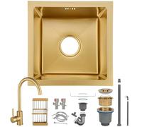 HZKSINNK 38 x 38 cm Évier de cuisine, évier de cuisine, évier sous plan de travail ou sur plan de travail avec filtre de drainage Doré brossé