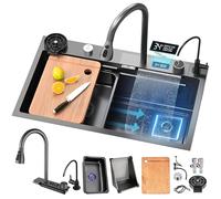 HZKSINNK Evier Cuisine, Evier Acier Inoxydable Bar, Noir Évier De Cuisine Multifonctionnel, Avec Robinetterie Extractible Préparation Avec Kit De Vidange, Facile À Nettoyer(Black/#a2,68x45cm)