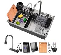 HZKSINNK Evier Cuisine, Evier Acier Inoxydable Bar, Noir Évier De Cuisine Multifonctionnel, Avec Robinetterie Extractible Préparation Avec Kit De Vidange, Facile À Nettoyer(Black/#a2,80x50cm)