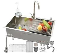 HZKSINNK Évier de cuisine en acier inoxydable 304 - 1 bac encastrable - Grand bac - 85 x 50 cm - Fabriqué à la main - Multifonction - Avec siphon et bonde
