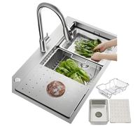 HZKSINNK Évier de cuisine en acier inoxydable 304 - 1 bac encastrable - Grand bac - Profondeur : 500 mm - Fabriqué à la main - Multifonction - Avec siphon - Bonde - Argenté #A - 85 x 50 cm