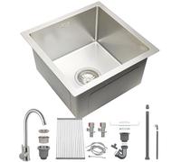 HZKSINNK Évier de cuisine en acier inoxydable 38 x 38 cm - 1 bac argenté - Petit évier encastrable avec robinet, grille d'écoulement, kit d'écoulement, évier encastré, rectangulaire, montage encastré
