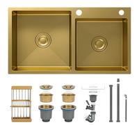 HZKSINNK Éviers de cuisine, évier de cuisine en acier inoxydable en or, grand lavabo à double bol carré, lavabo nano avec kit de vidange, sous-incréateur/mound top, facile à nettoyer(75x40cm)